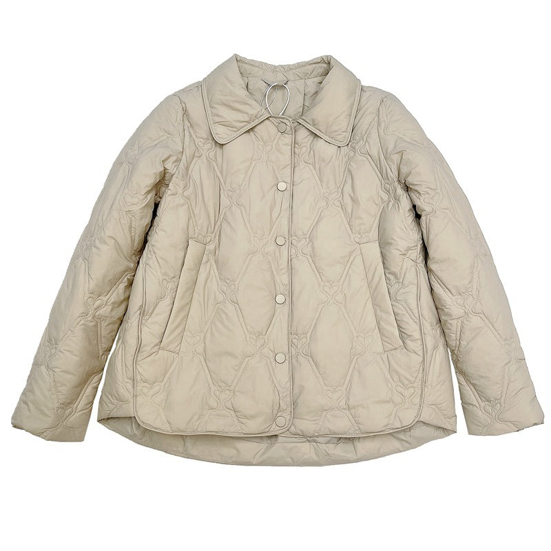 Women Short Cut Quilted Jacket with Decorative Stitching and Rounded Hem Mune Fashion