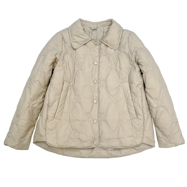 Women Short Cut Quilted Jacket with Decorative Stitching and Rounded Hem Mune Fashion