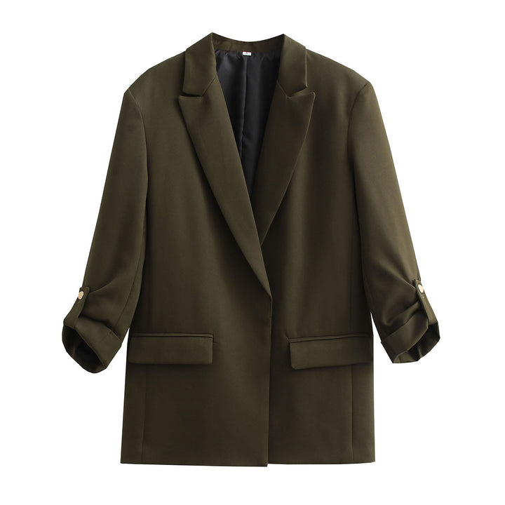 Women Oversize Longline Blazer with Three-Quarter Sleeves and Lapel Collar Mune Fashion