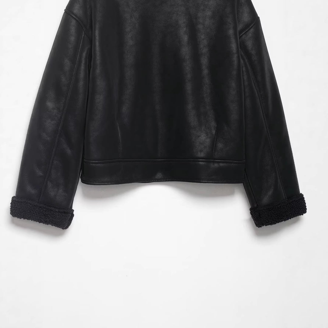 WomenShort Cut Faux Leather Jacket with Teddy Lining, Stand Collar and Button Closure Mune Fashion
