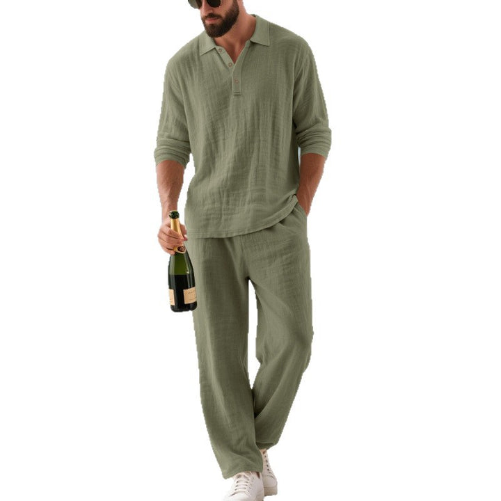 Men's relaxed cotton muslin resort set with polo collar button placket and wide comfort waistband Mune Fashion