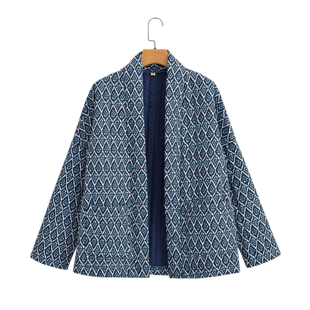 Women's Patterned Kimono Quilted Jacket with Open Front and Patch Pockets Mune Fashion