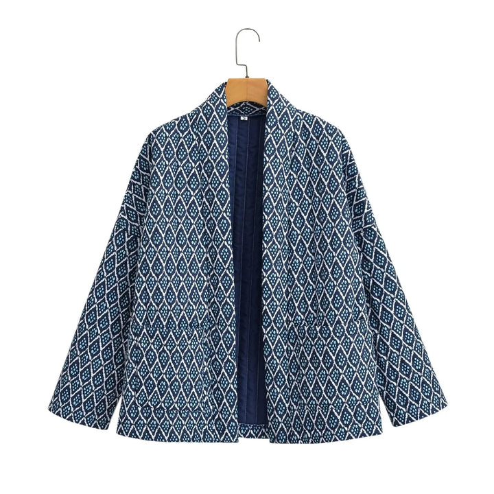 Women's Patterned Kimono Quilted Jacket with Open Front and Patch Pockets Mune Fashion