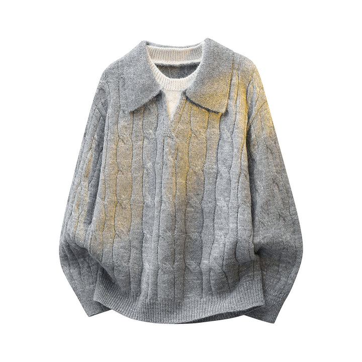 Women's Oversize Cable Knit Sweater with Polo Collar & Layered Look Mune Fashion