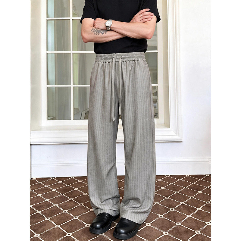 Men's Loose-Fitting Pinstripe Pants with Elastic Waistband and Drawstring Mune Fashion
