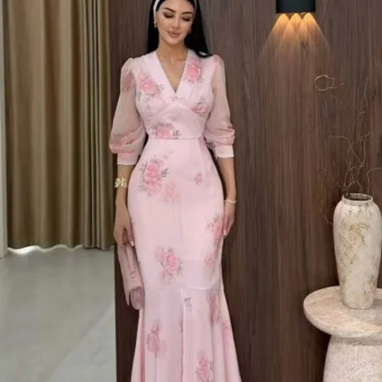 Ladies Elegant Maxi Dress in Mermaid Cut with V-Neck and Transparent Puff Sleeves Mune Fashion