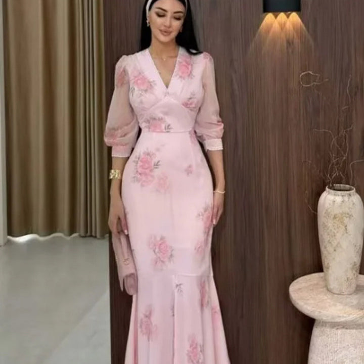 Ladies Elegant Maxi Dress in Mermaid Cut with V-Neck and Transparent Puff Sleeves Mune Fashion