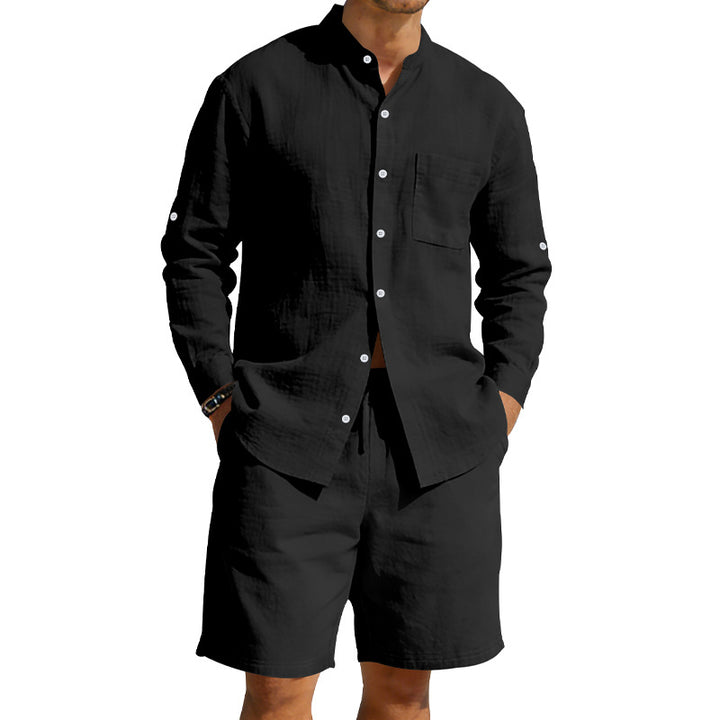 Men's casual linen set with stand collar shirt and drawstring shorts Mune Fashion