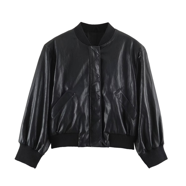 Women Faux Leather Bomber Jacket in Cropped Design with Ribbed Cuffs Mune Fashion
