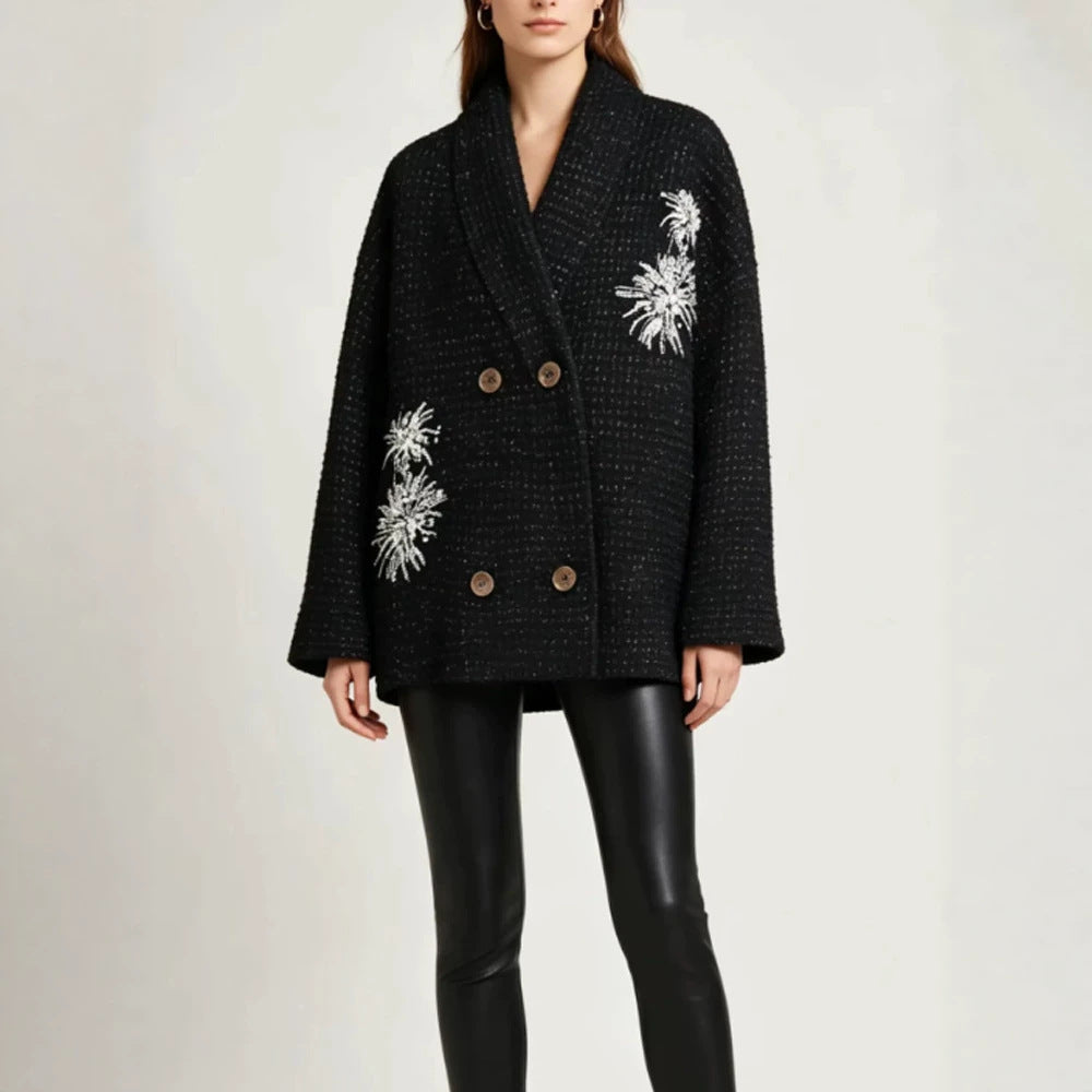 Women's Oversized Boucle Coat Jacket with Shawl Collar and Floral Embroidery Mune Fashion
