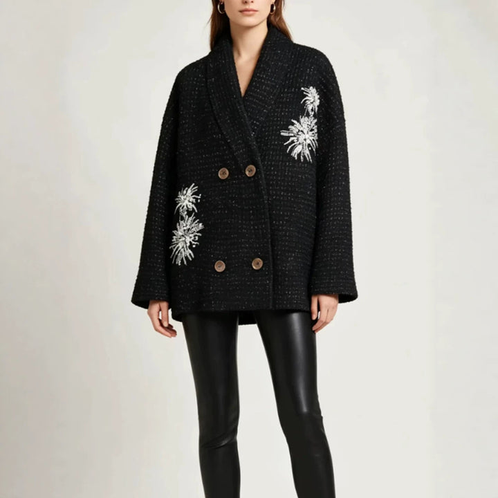 Women's Oversized Boucle Coat Jacket with Shawl Collar and Floral Embroidery Mune Fashion