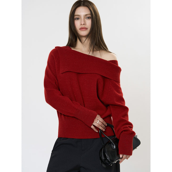 Women's Off-Shoulder Oversized Ribbed Knit Sweater with Folded Collar Mune Fashion