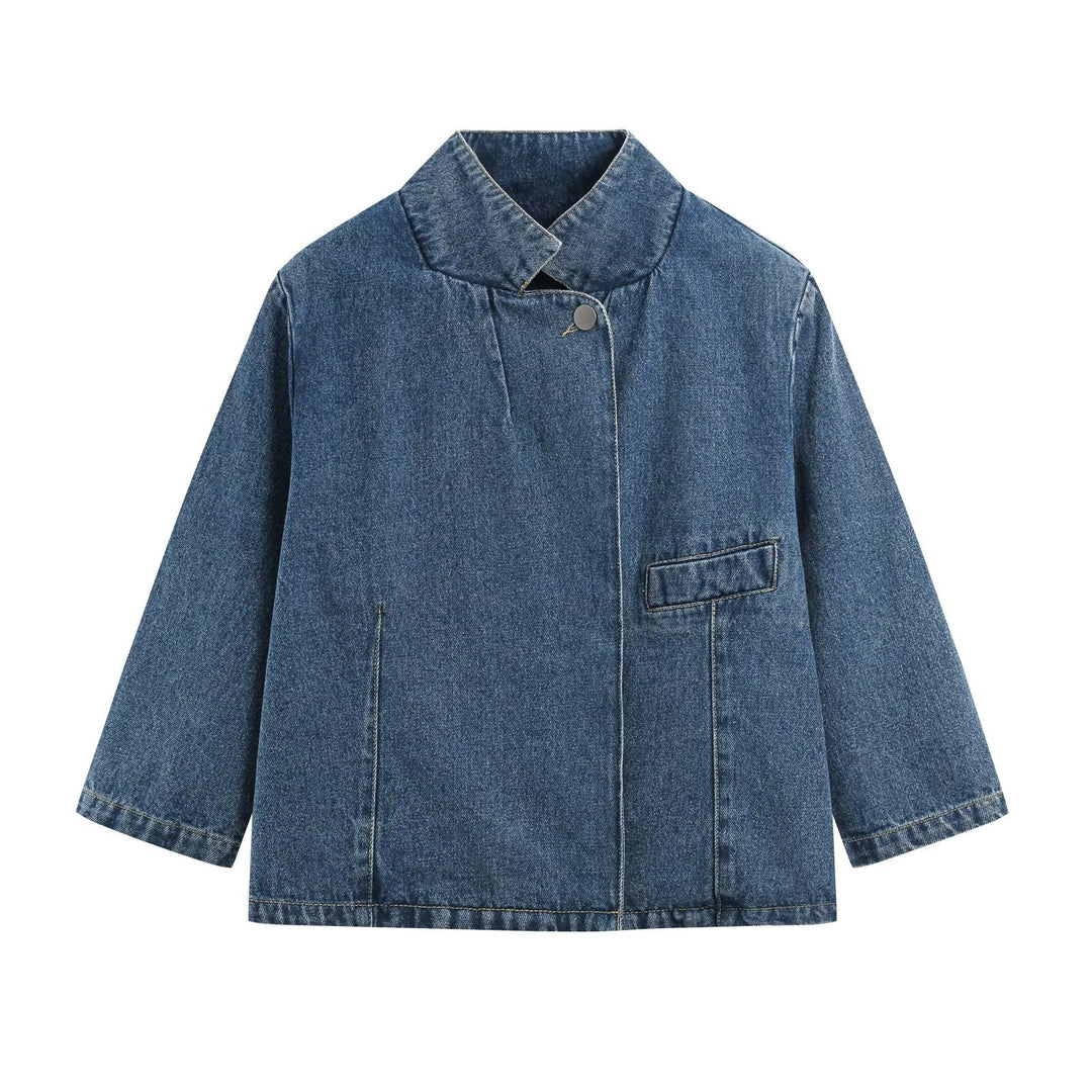 Women's denim set consisting of boxy jacket with stand collar and high-cut flared trousers Drune