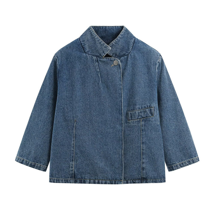 Women's denim set consisting of boxy jacket with stand collar and high-cut flared trousers Drune