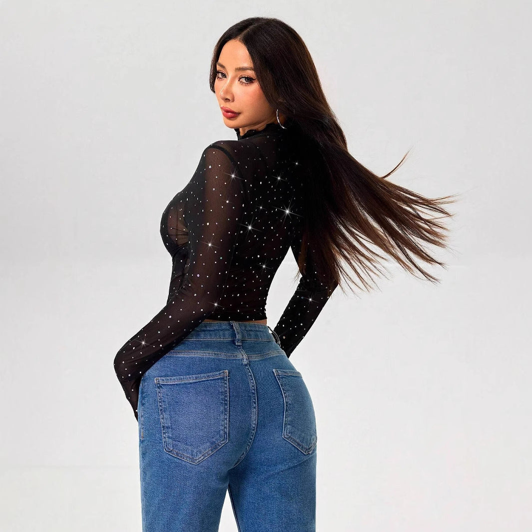 Ladies no-belly sheer net top with sparkling rhinestone appliqués and stand-up collar Mune Fashion