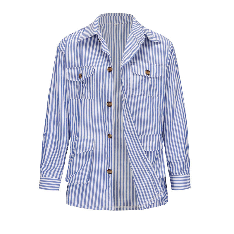 Women's striped shirt jacket made of cotton blend with patch breast and hip pockets Mune Fashion