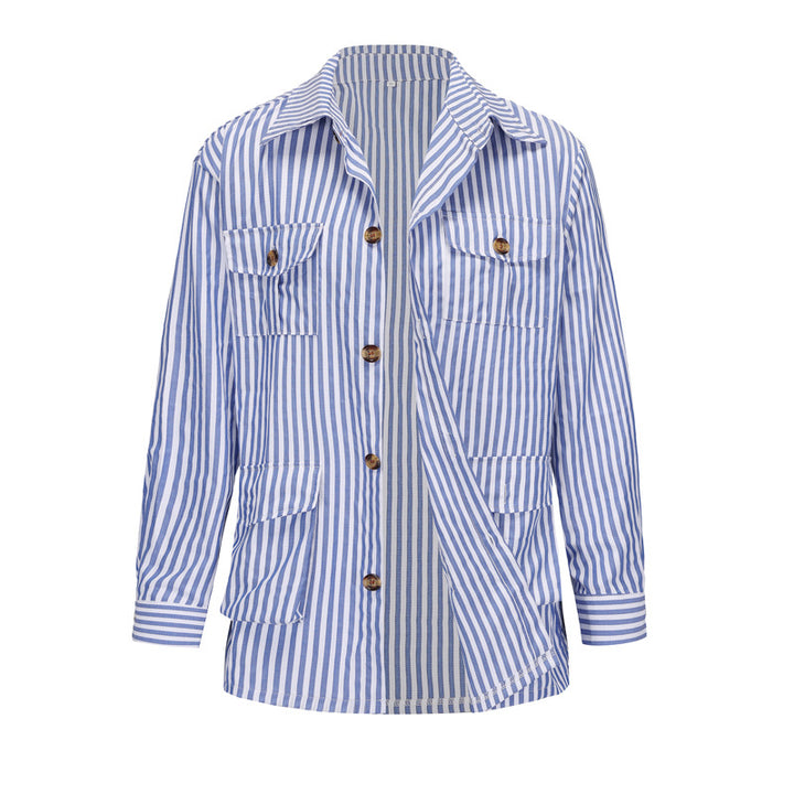 Women's striped shirt jacket made of cotton blend with patch breast and hip pockets Mune Fashion