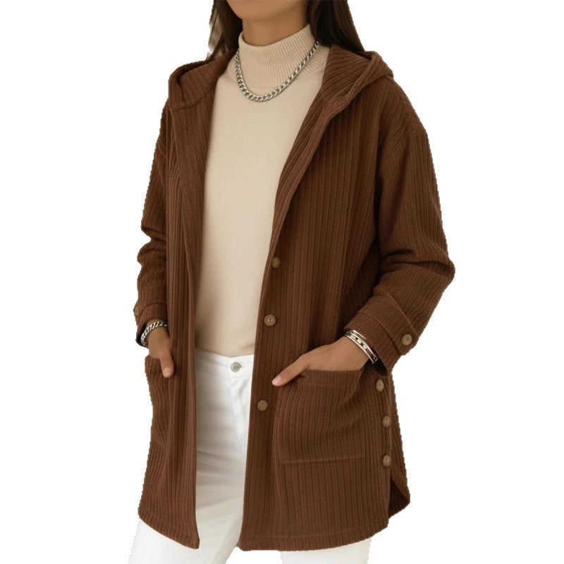 Women's Long Hooded Knitted Cardigan with Ribbed Texture, Button Placket and Side Pockets Mune Fashion