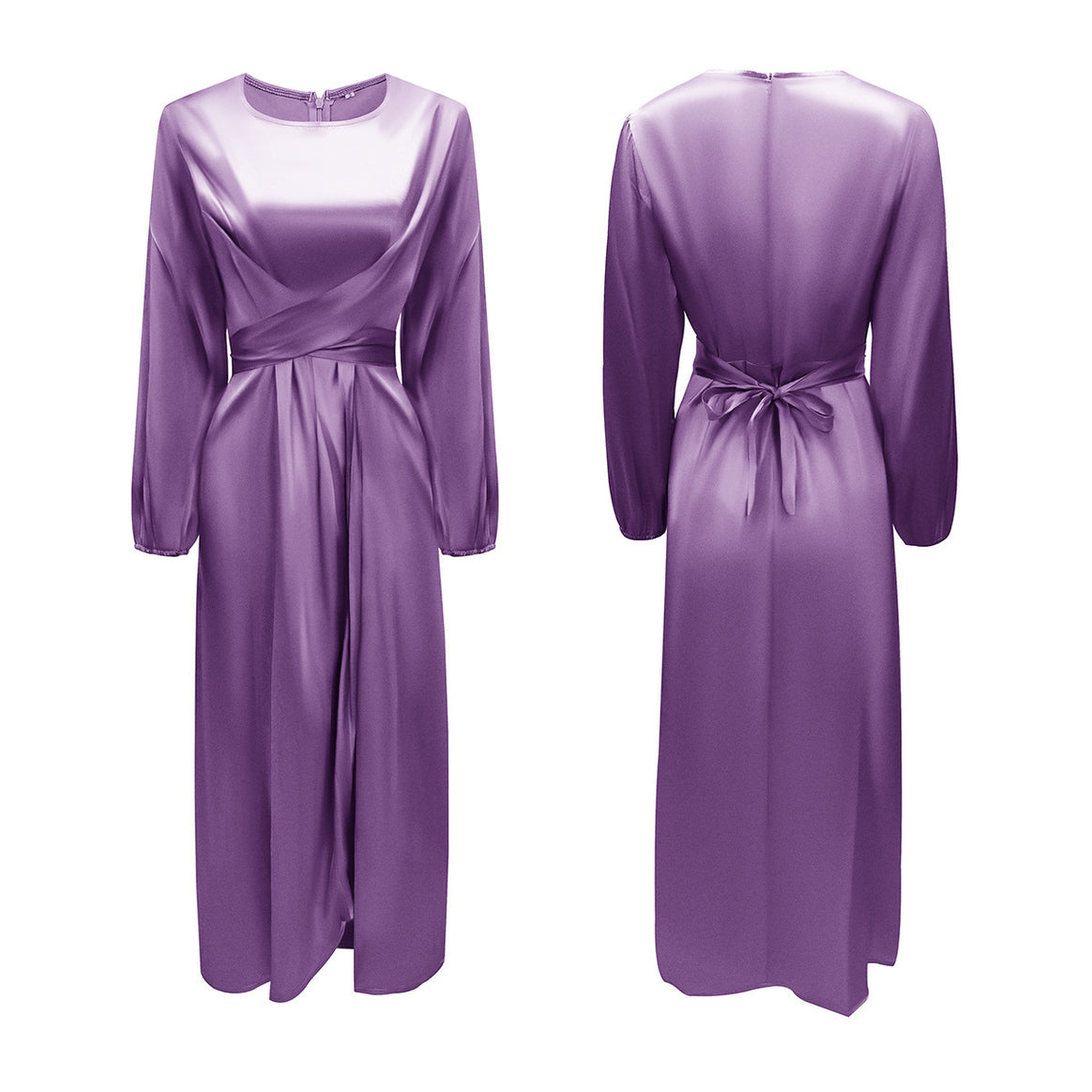 Ladies Elegant Maxi Dress in Satin with Wrap Detail, Long Sleeve and Waistband Mune Fashion