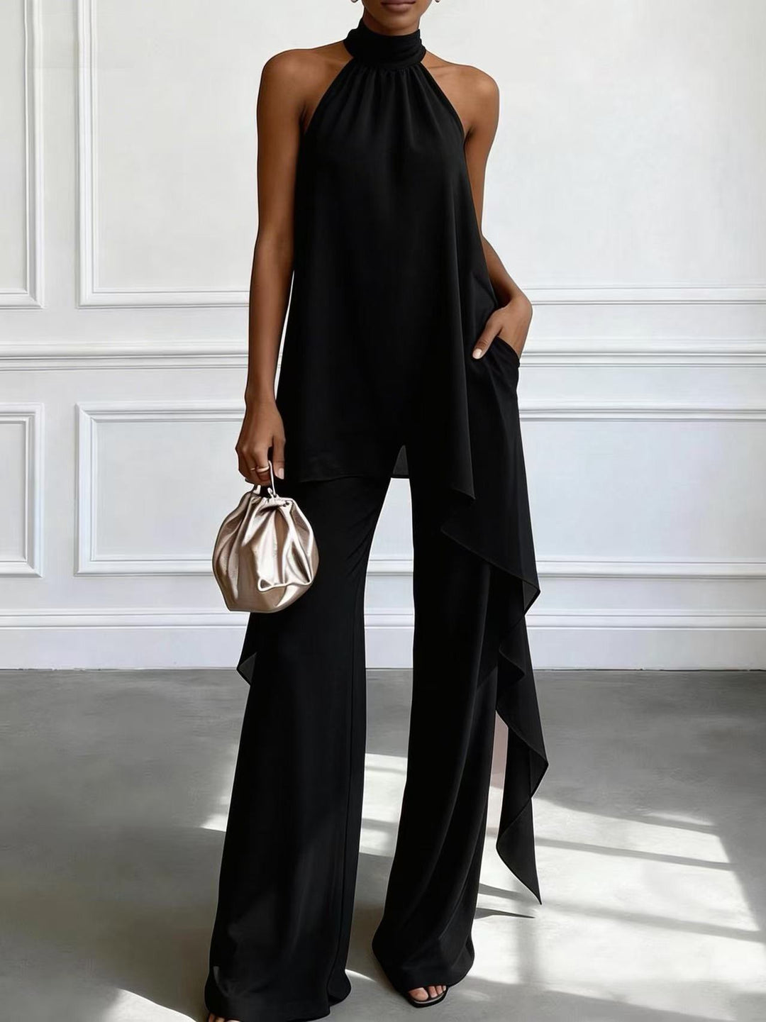 Ladies' elegant evening two-piece with gathered stand collar, asymmetrical ruffle, and flowing flared trousers Mune Fashion