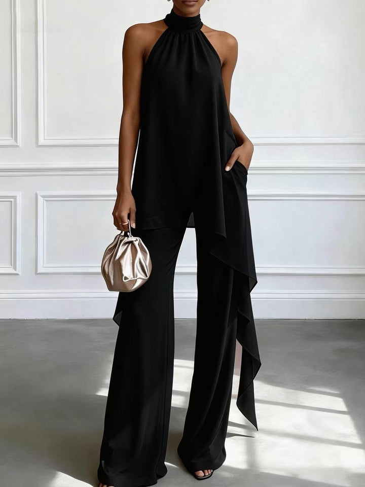 Ladies' elegant evening two-piece with gathered stand collar, asymmetrical ruffle, and flowing flared trousers Mune Fashion
