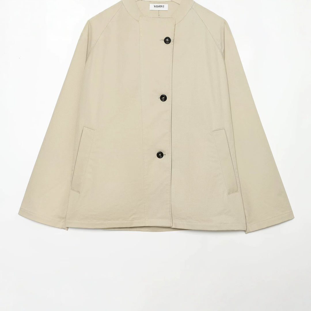 Women Short A-Line Transitional Jacket with High Standing Collar and Raglan Sleeves Mune Fashion