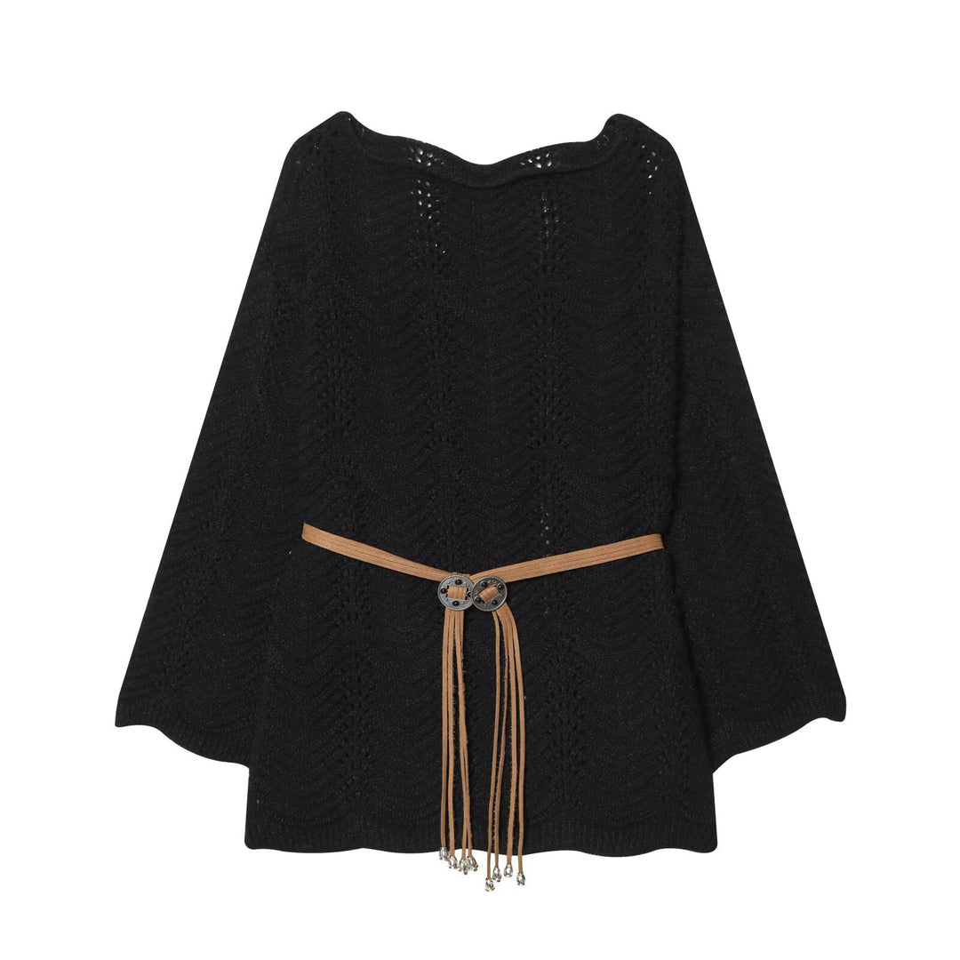 Women's Knit Poncho-Cape with Openwork Pattern and Leather Tassel Belt Mune Fashion