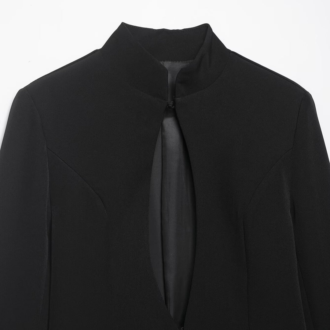 Women's Boxy Cape Blazer with Stand Collar and Concealed Front Mune Fashion