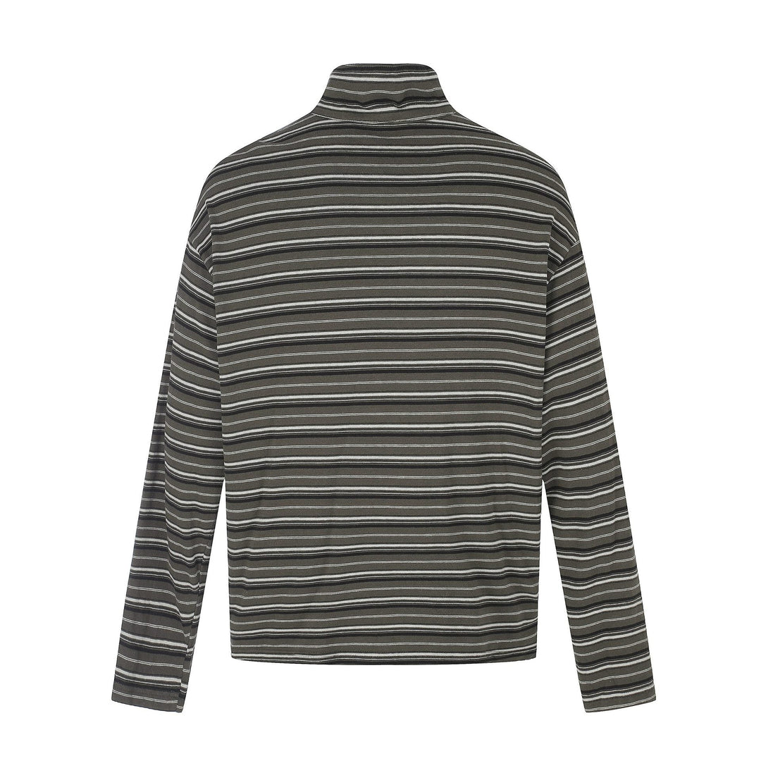 Men's fine striped henley with high stand-up collar, full button placket, and boxy cut Mune Fashion