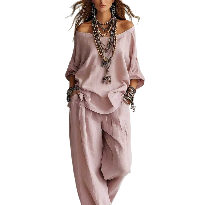 Women's Casual Lightweight Lounge Set with Off-the-Shoulder Neckline and Palazzo Pants Mune Fashion