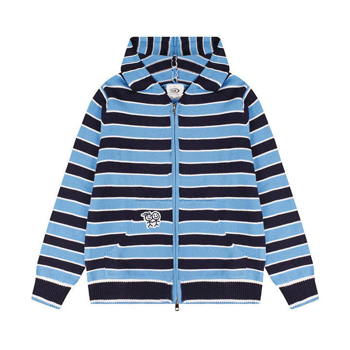 Women's hooded cardigan with full zip, striped texture, and Mune Fashion embroidery detail