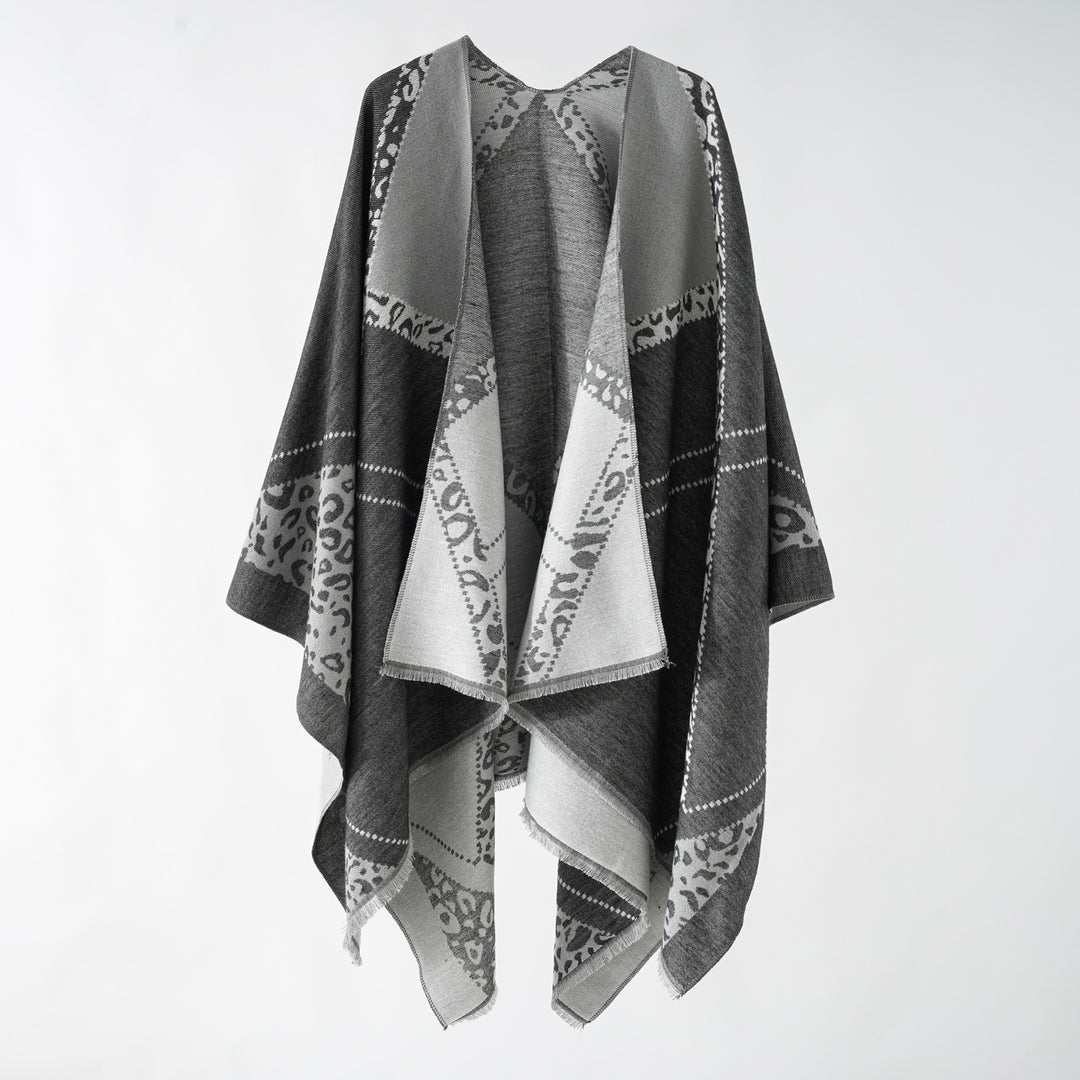 Women's Large Double-Face Jacquard Cape with Animal Patch and Fine Fringe Hem Mune Fashion