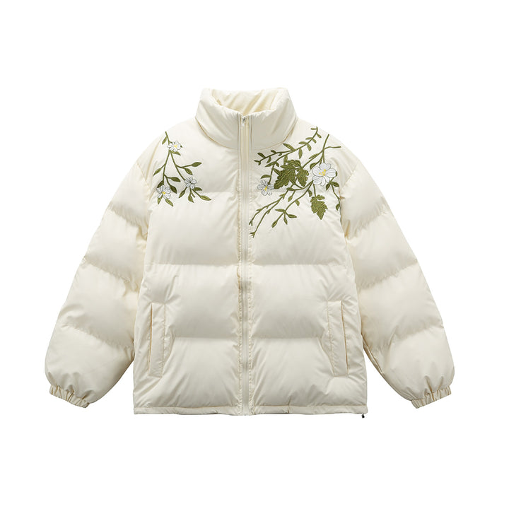 Women's Padded Oversized Quilted Jacket with Stand-up Collar and Floral Embroidery Mune Fashion