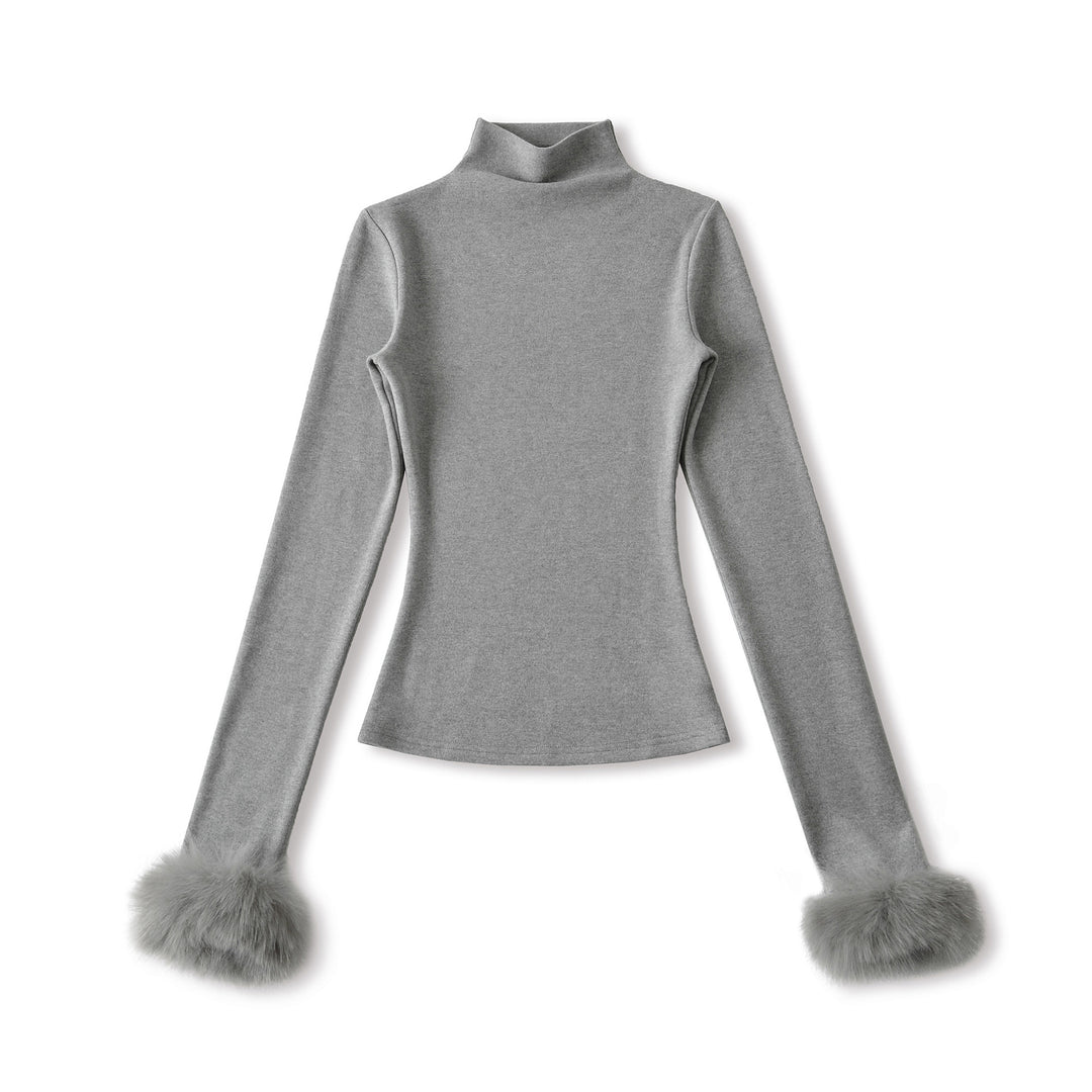 Women's Fitted Turtleneck Top with Faux Fur Cuffs Mune Fashion