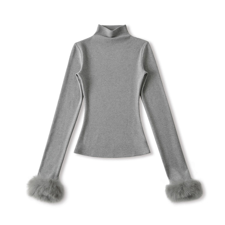 Women's Fitted Turtleneck Top with Faux Fur Cuffs Mune Fashion