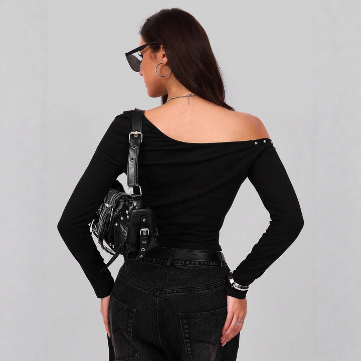 Women's asymmetrical off-shoulder long sleeve shirt with studded trim and fitted cut Mune Fashion