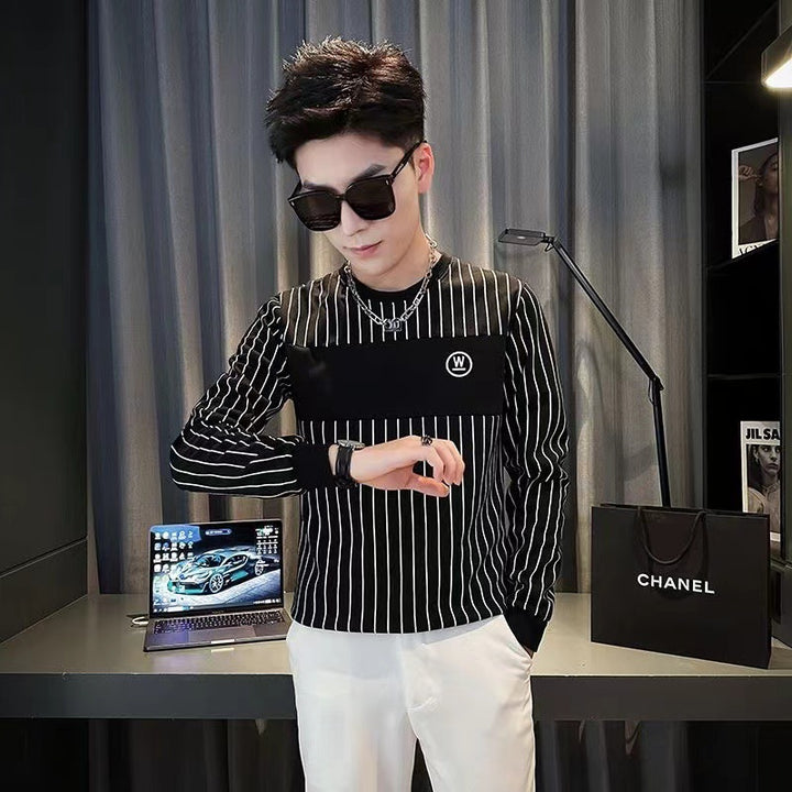 Men Striped Long Sleeve Shirt with Chest Yoke and Round Neckline Mune Fashion