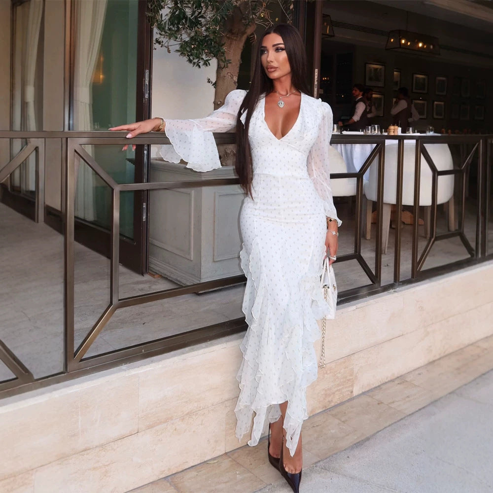 Women's chiffon maxi dress with deep V-neck, transparent bell sleeves and tiered ruffles Mune Fashion