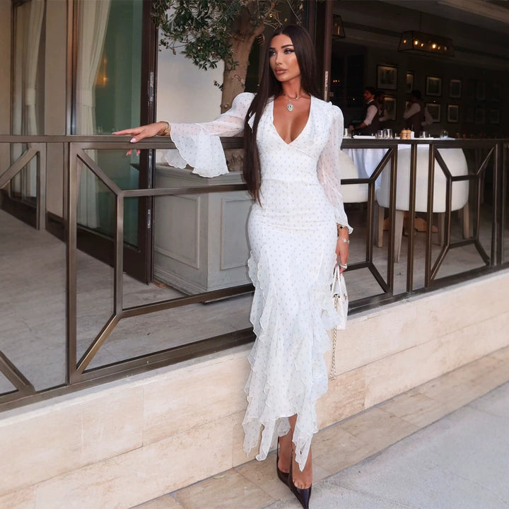 Women's chiffon maxi dress with deep V-neck, transparent bell sleeves and tiered ruffles Mune Fashion