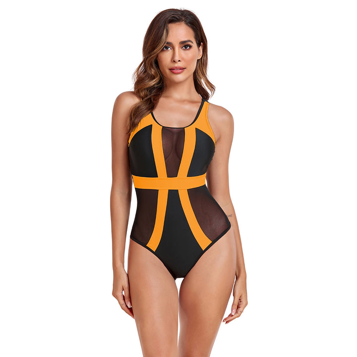 Women's One-Piece Swimsuit with Transparent Mesh Inserts and Stylish Color Block Mune Fashion