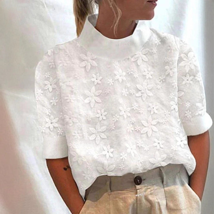 Ladies non-light embroidered blouse with stand collar and three-dimensional floral appliqué Mune Fashion