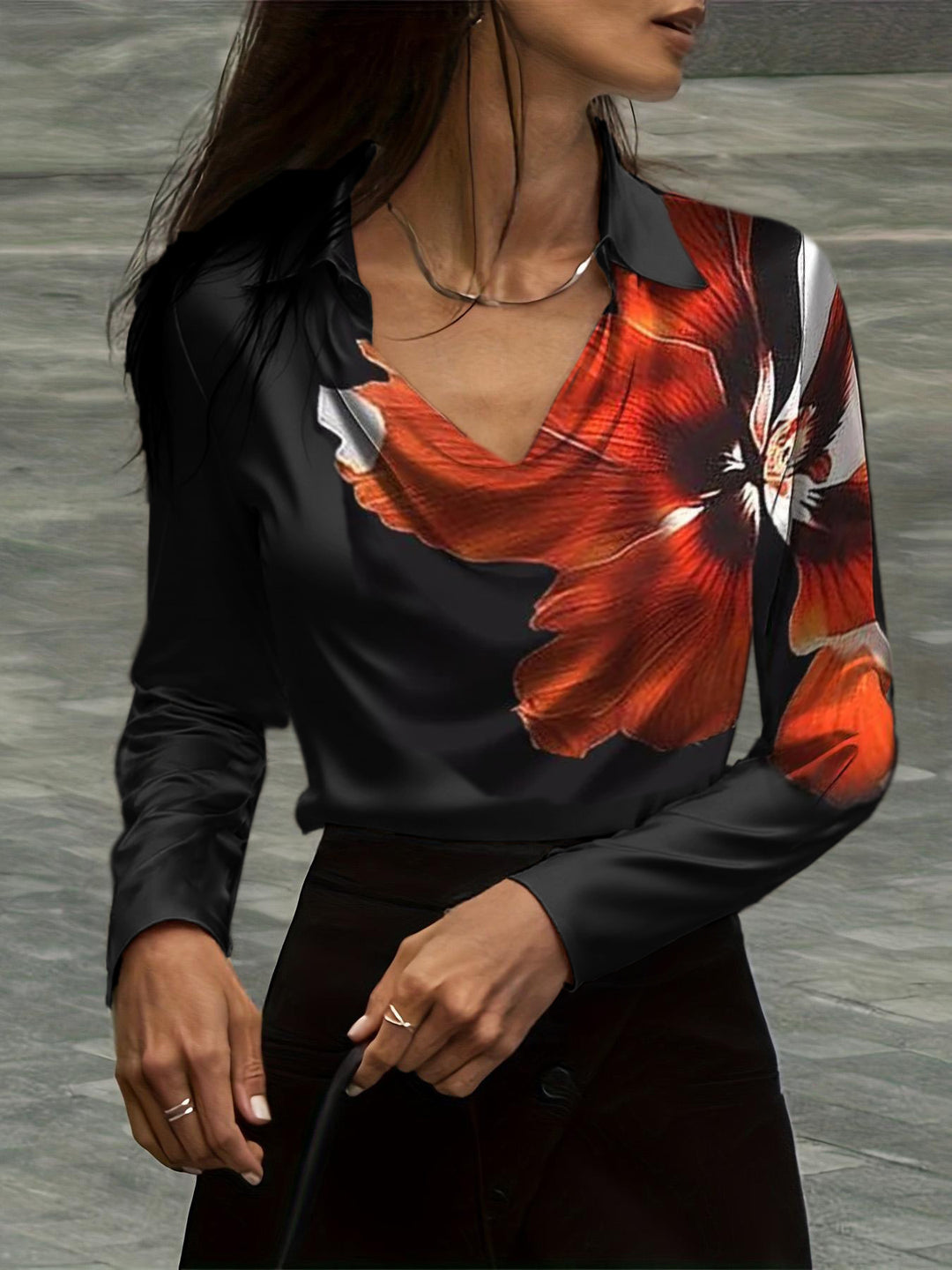 Women's satin blouse with waterfall collar and shirt collar Mune Fashion