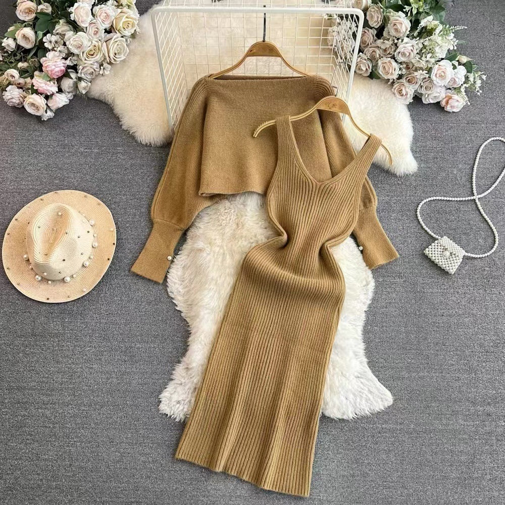 Women's Elegant Knit Dress with V-Neck and Matching Cardigan Mune Fashion