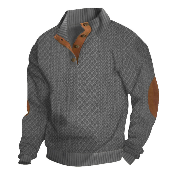 Men's coarse-knit pullover with standing collar, button placket, and elbow patches Mune Fashion