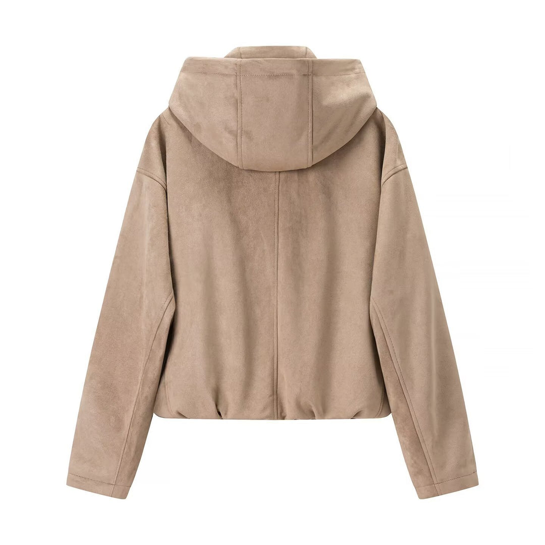 Women's short jacket in suede look with hood, drawstring, and zipper Mune Fashion