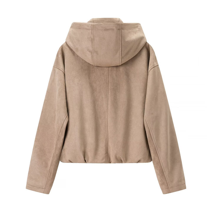 Women's short jacket in suede look with hood, drawstring, and zipper Mune Fashion