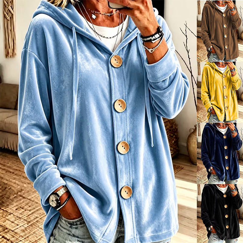 Women's Oversize Hooded Velvet Jacket with Large Wooden Buttons and Soft Velour Lining Mune Fashion
