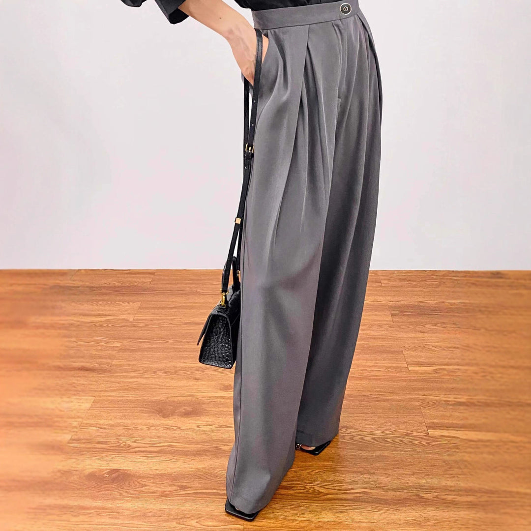 Women's Wide High-Waist Pleated Trousers with Pleats, Belt Loops and Side Pockets Drune