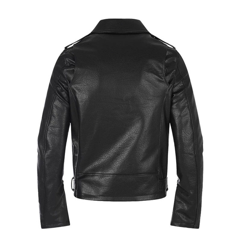 Men's tailored biker jacket made of synthetic leather with asymmetric zipper and studded waist belt Mune Fashion
