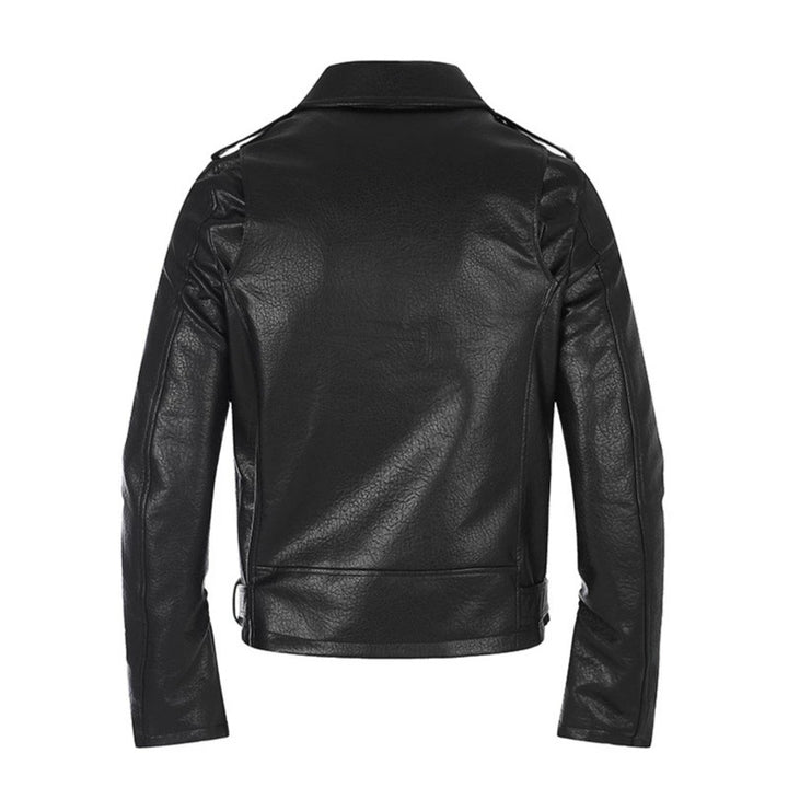 Men's tailored biker jacket made of synthetic leather with asymmetric zipper and studded waist belt Mune Fashion